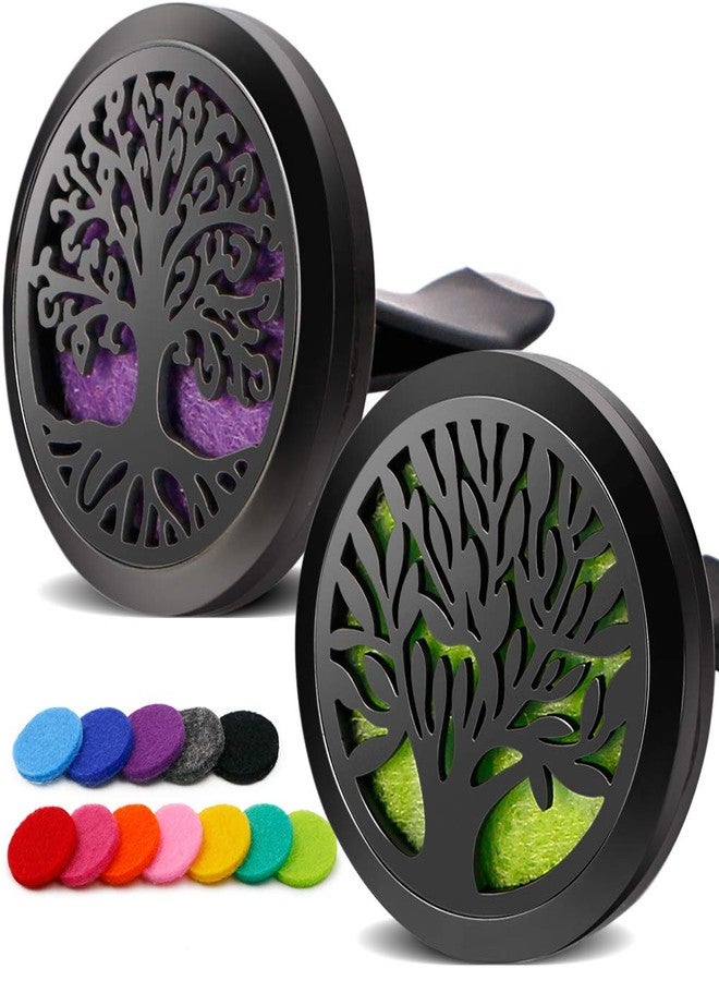 RoyAroma 2PCS Tree of Life Car Diffuser Aromatherapy Essential Oil Black Stainless Steel Locket with Vent Clip 12 Felt Pads - Image 1
